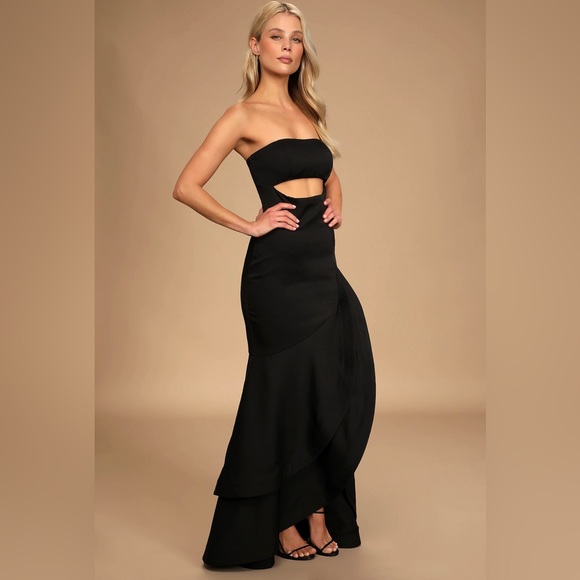 LULUS Fabulous Festivities Strapless Ruffled Trumpet Dress Black SZ S - Picture 2 of 12